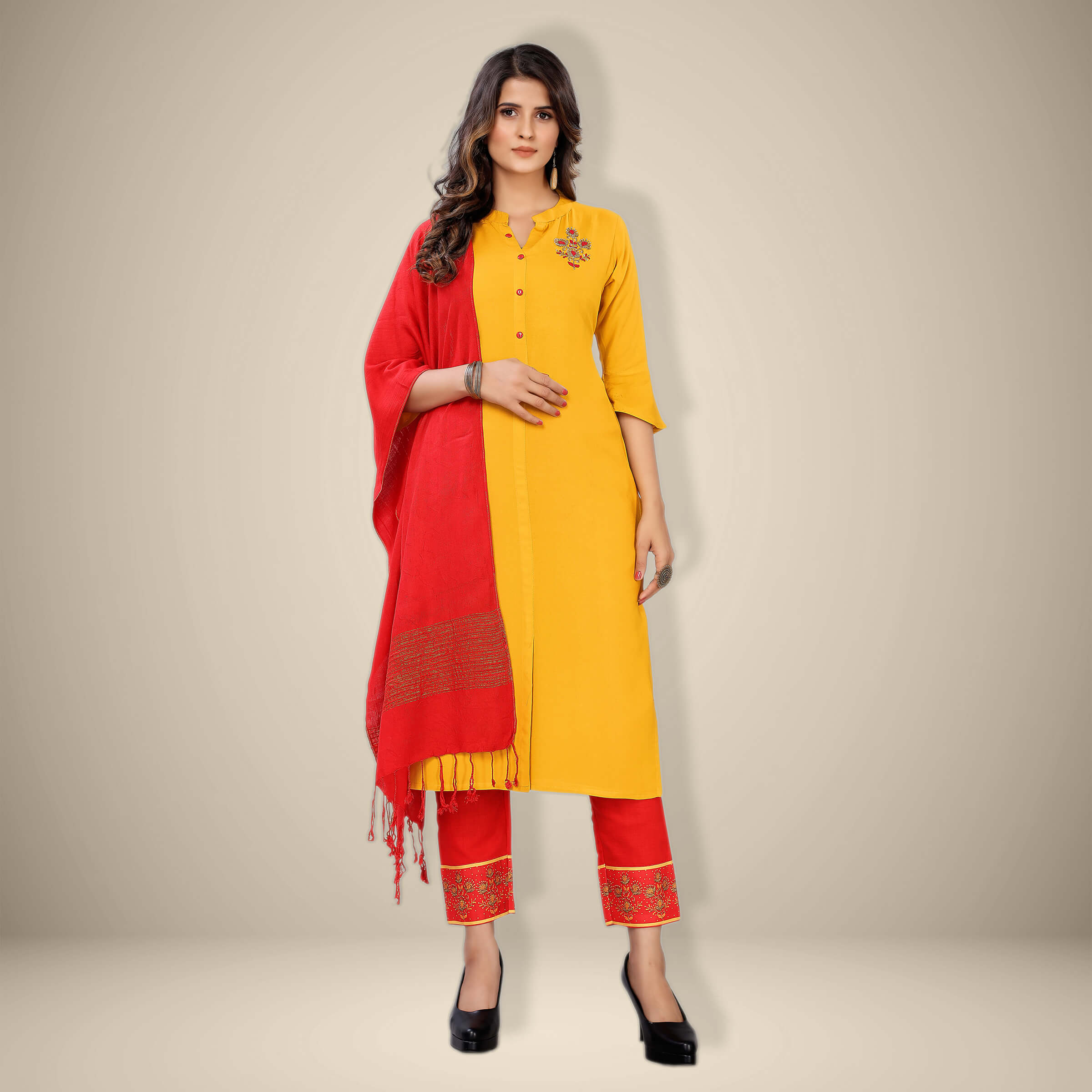 Yellow And Red Party Wear Awesome Anarkali Kurti With Pant And Dupatta at  Rs 1408 | Waghbil, Thane West | Mumbai| ID: 26050898462